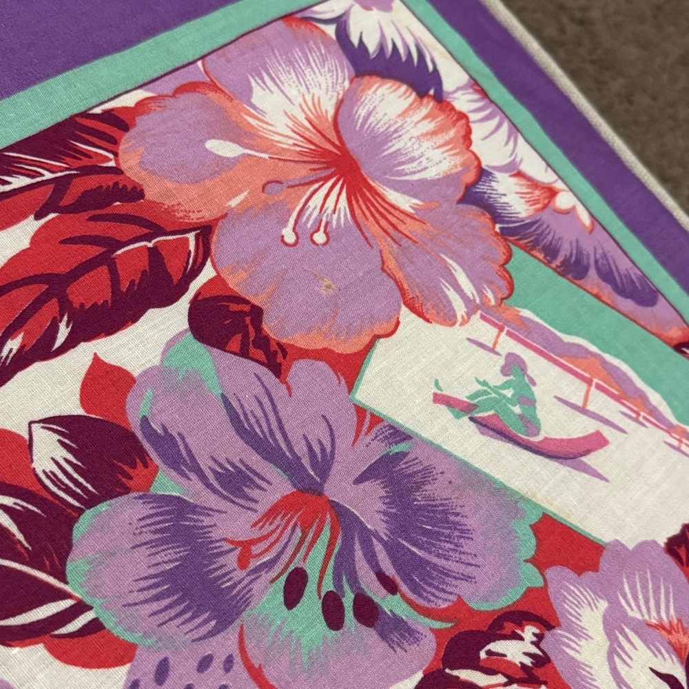 Vintage Cotton Blend Tropical Print Scarf-21x22-Purple/Pink/Turquoise - Picture 10 of 11